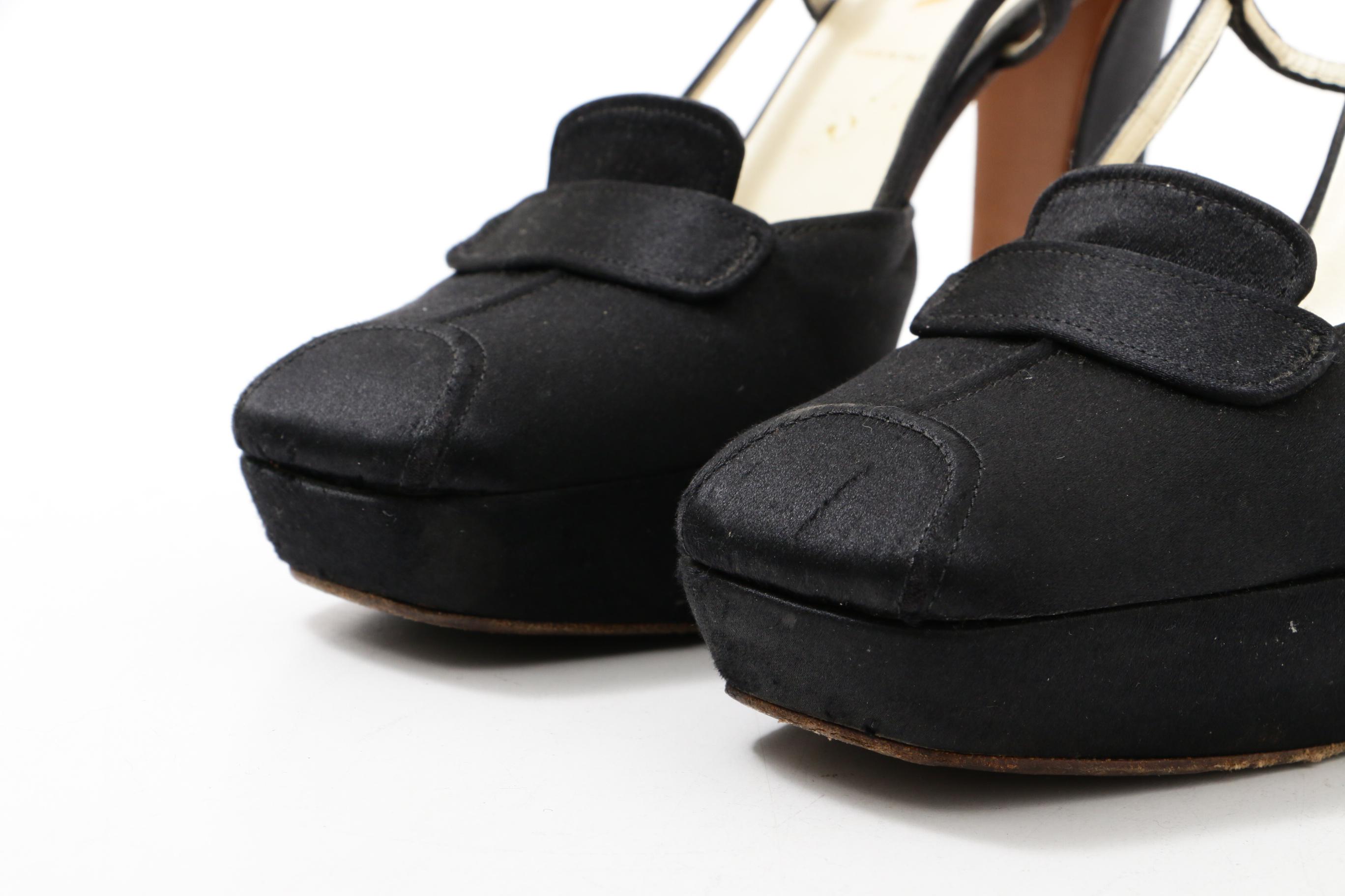 Prada Black Satin Platform Block Heel Loafer Sandals