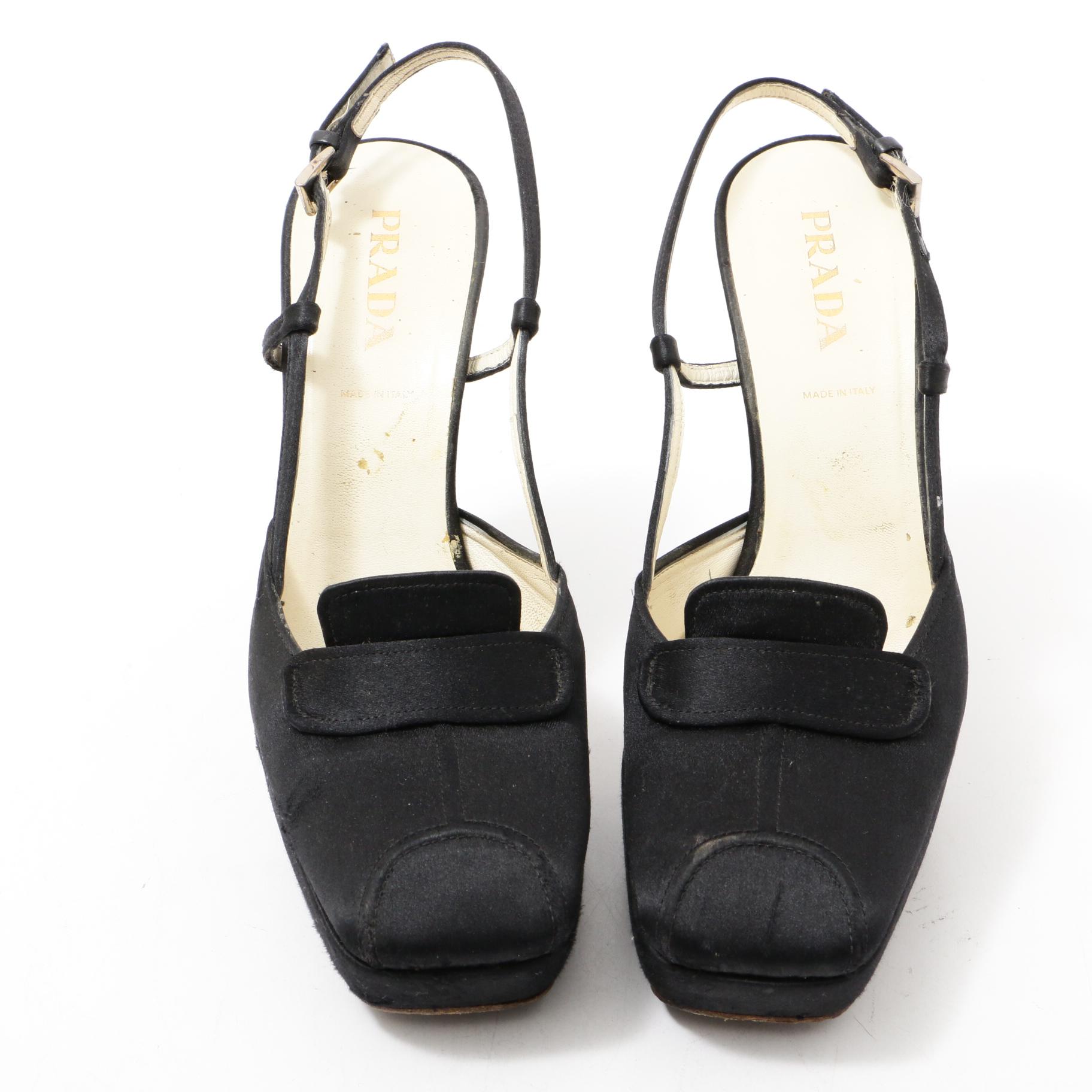 Prada Black Satin Platform Block Heel Loafer Sandals