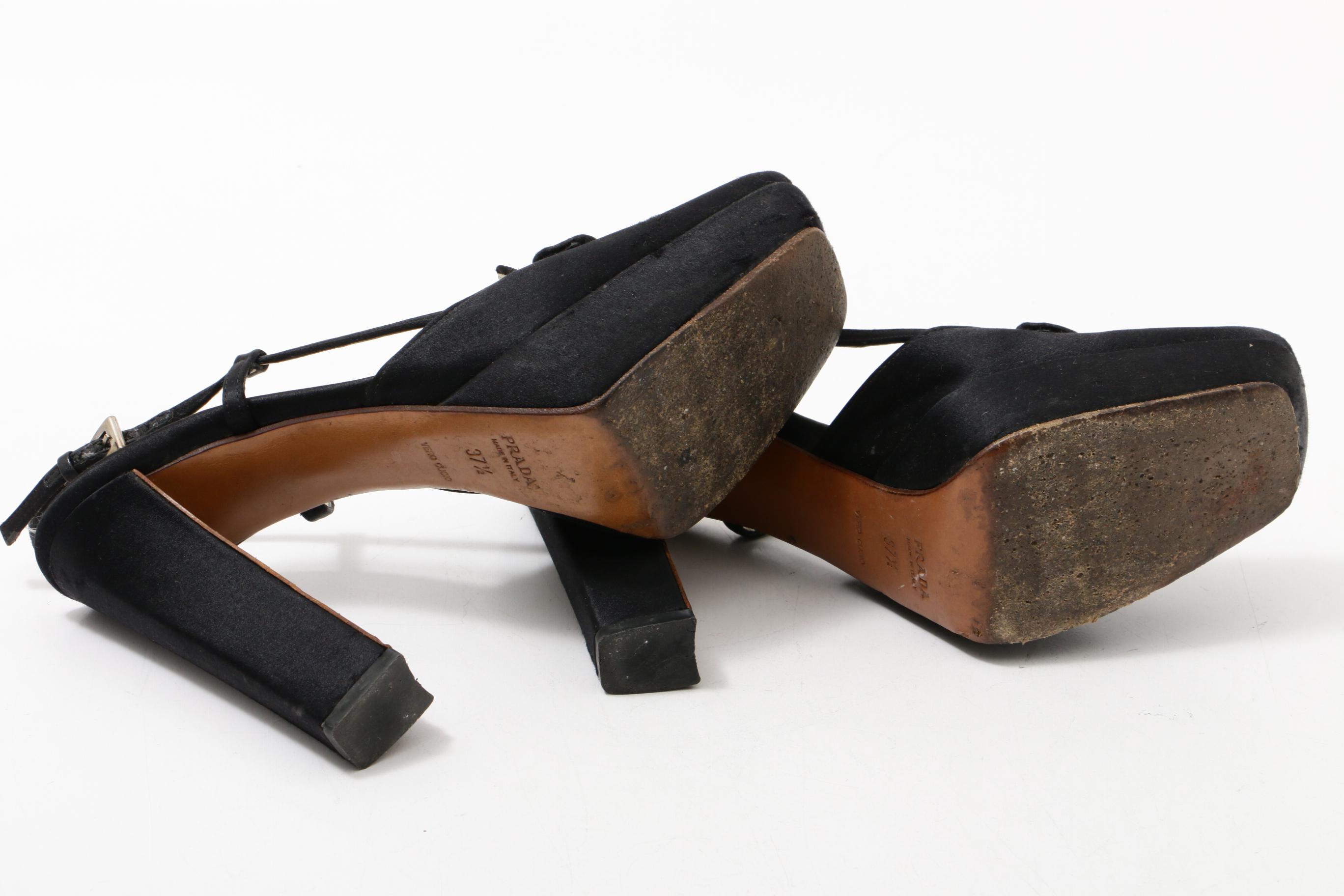 Prada Black Satin Platform Block Heel Loafer Sandals