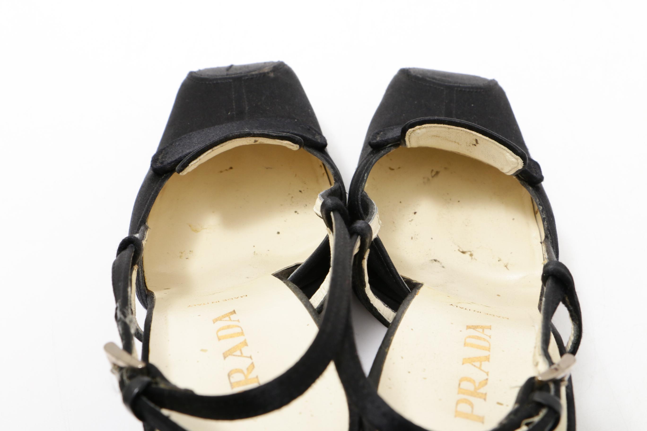 Prada Black Satin Platform Block Heel Loafer Sandals
