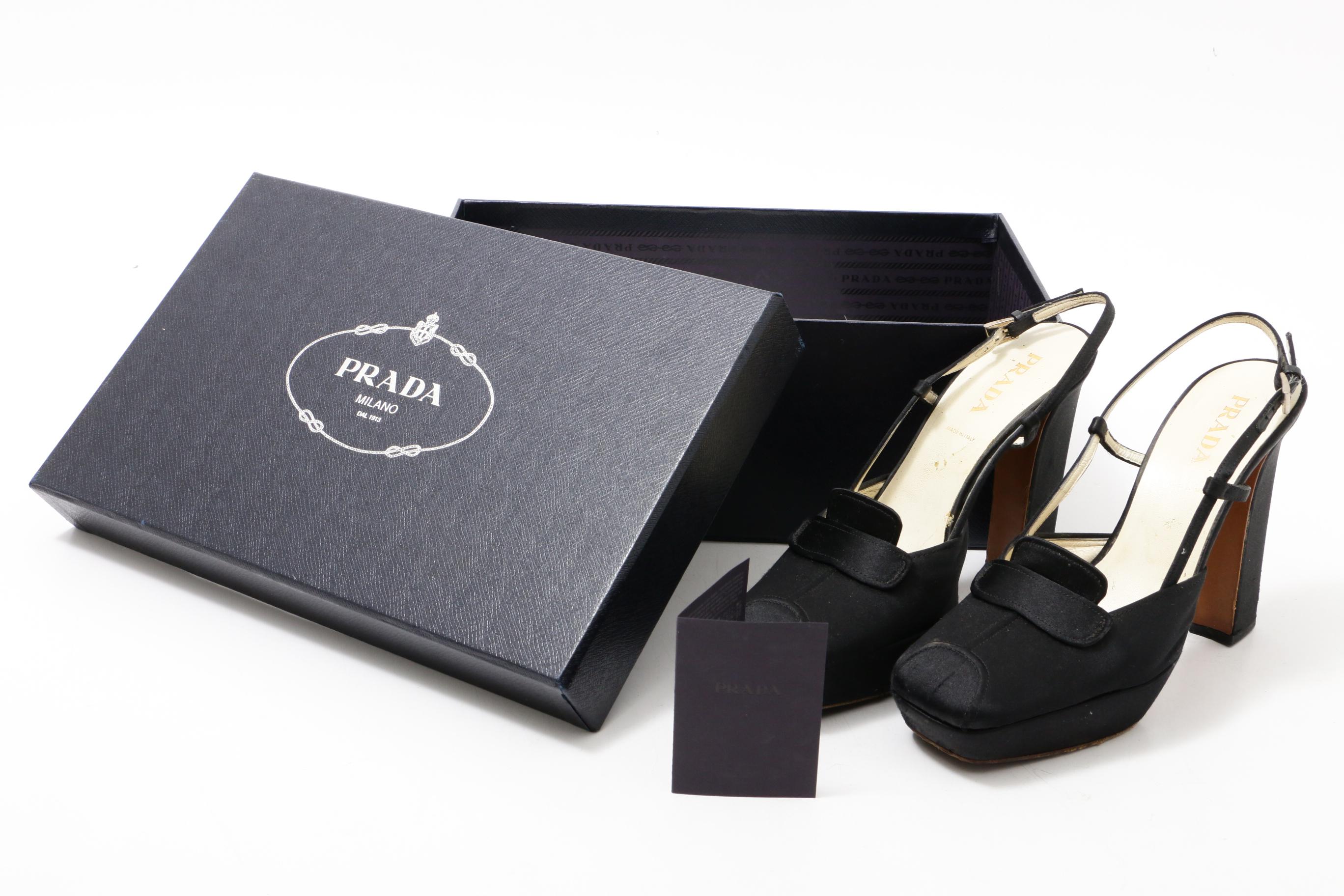 Prada Black Satin Platform Block Heel Loafer Sandals
