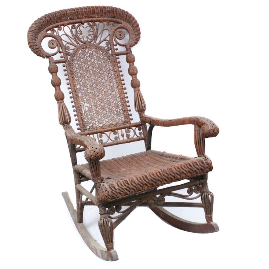 Late Victorian Brown Wicker Rocking Armchair, Late 19th/Early 20th Century