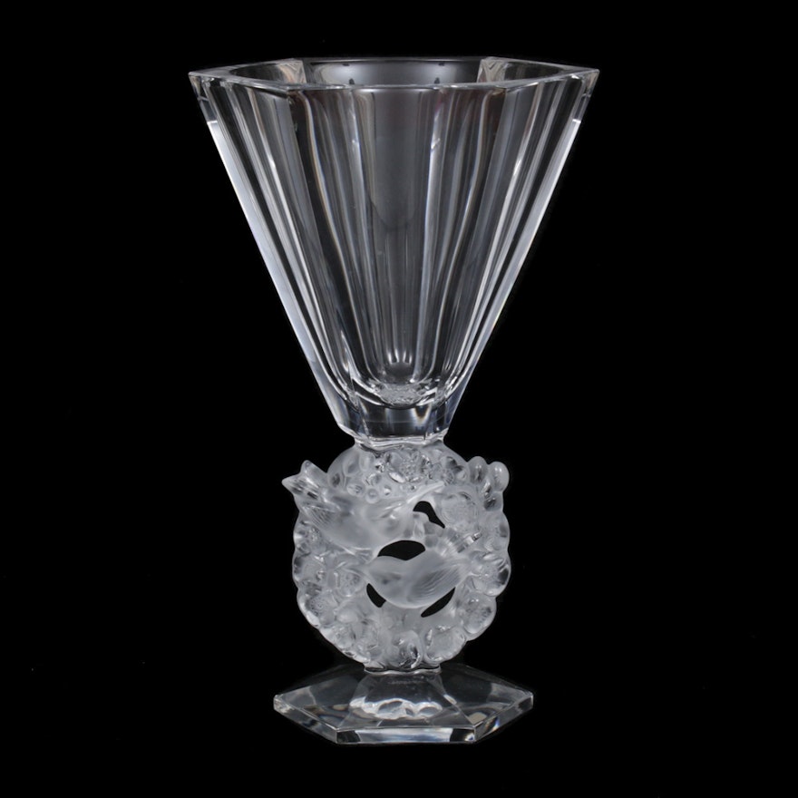 Lalique "Mesanges" Frosted and Clear Crystal Flower Vase, Late 20th Century