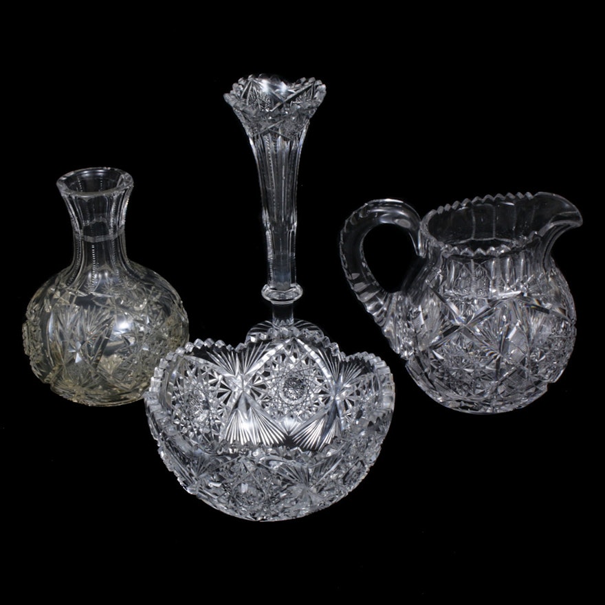 Brilliant Cut Glass Vases with Bowl and Pitcher