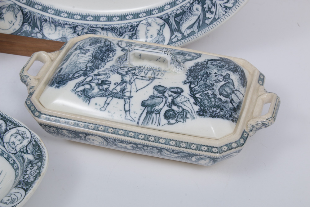 Wedgwood "Ivanhoe" Blue Transferware Serveware, Early 20th Century