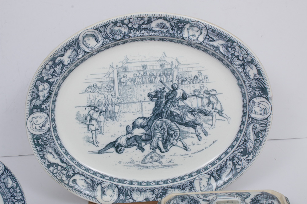 Wedgwood "Ivanhoe" Blue Transferware Serveware, Early 20th Century