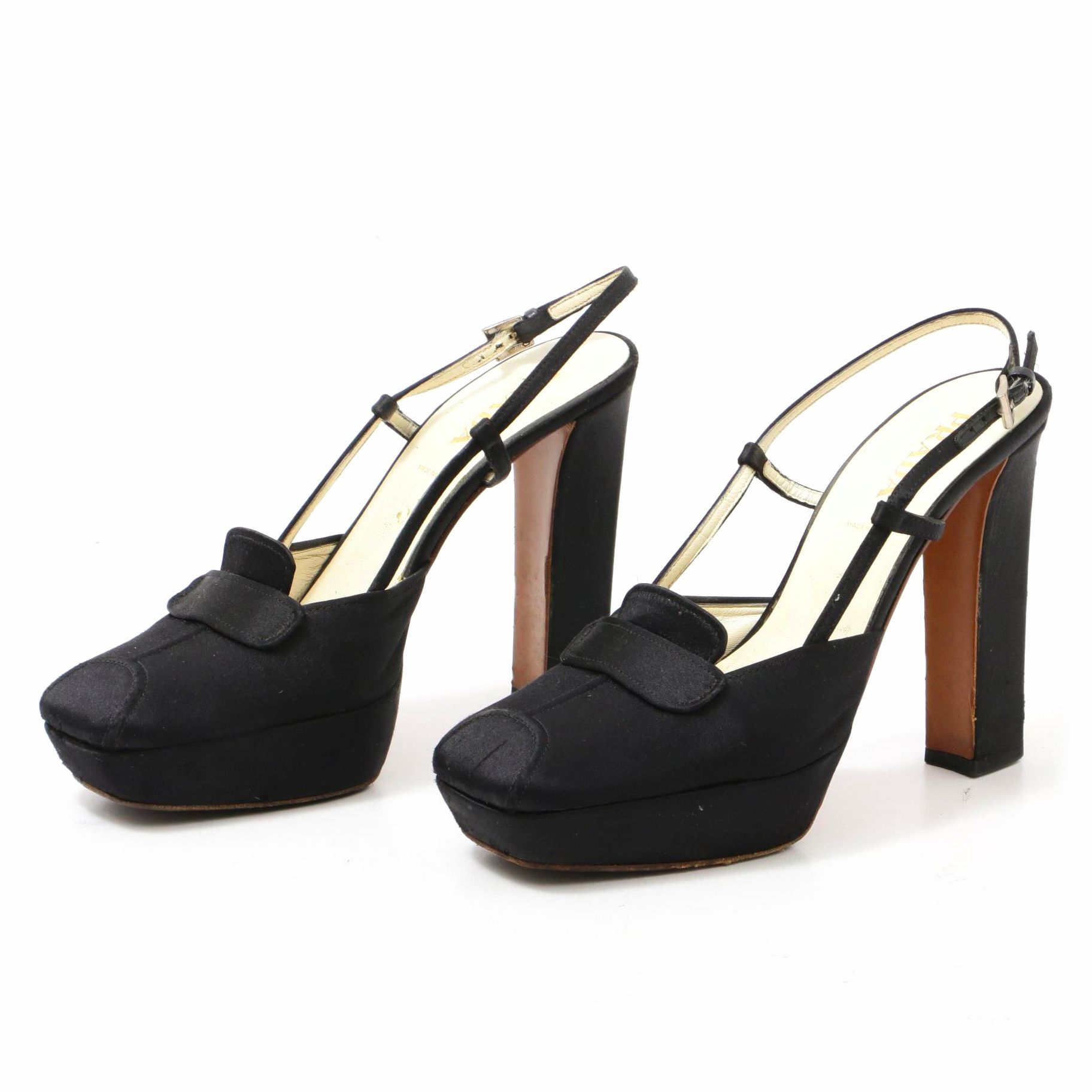 Prada Black Satin Platform Block Heel Loafer Sandals