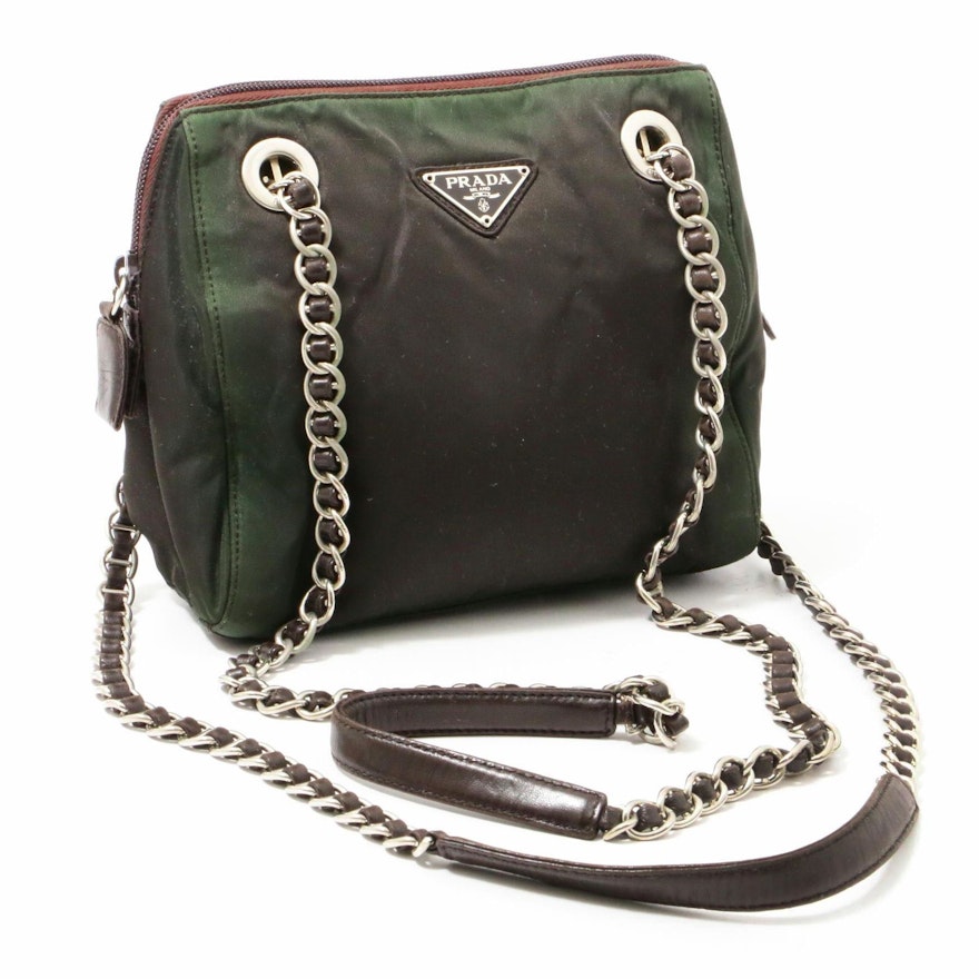 Prada Ebano Tessuto Acciaio Nylon Chain Strap Shoulder Bag