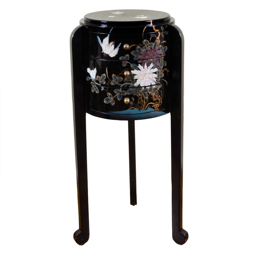 Chinese Black Lacquered Chest with Hand-Painted Bird and Floral Motif