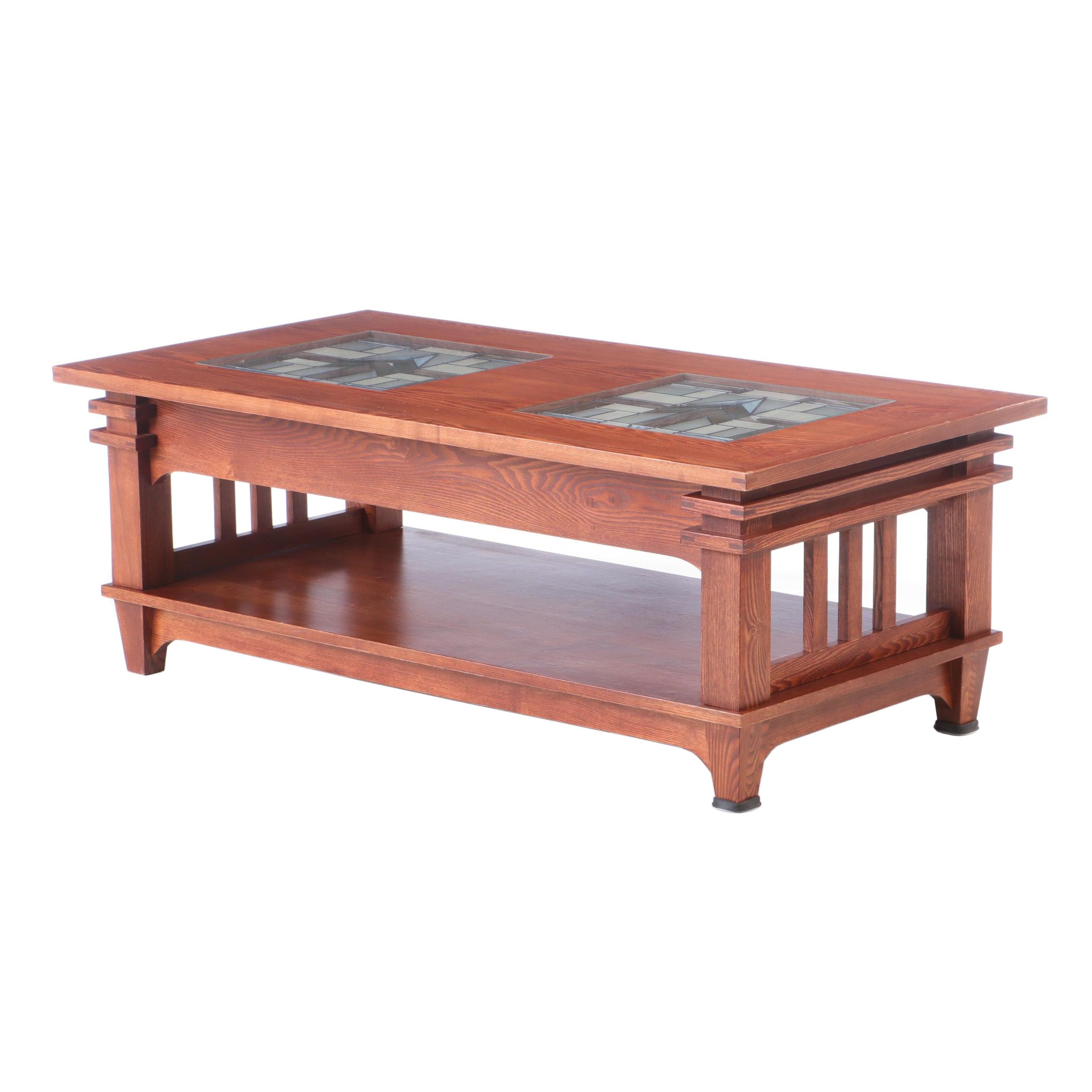 Mission Style Oak Coffee Table with Slag Glass Inlay, Late 20th Century