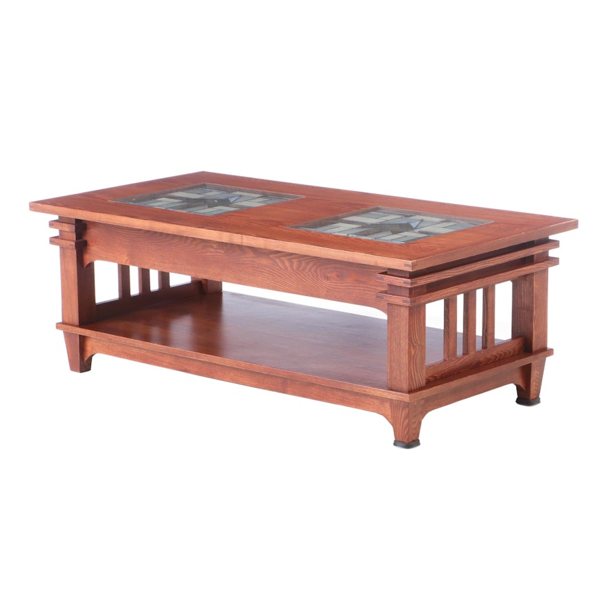 Mission Style Oak Coffee Table with Slag Glass Inlay, Late 20th Century