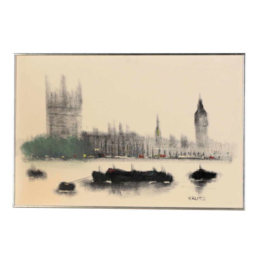 Anthony Klitz Oil Painting: Palace of Westminster, Mid to Late 20th Century