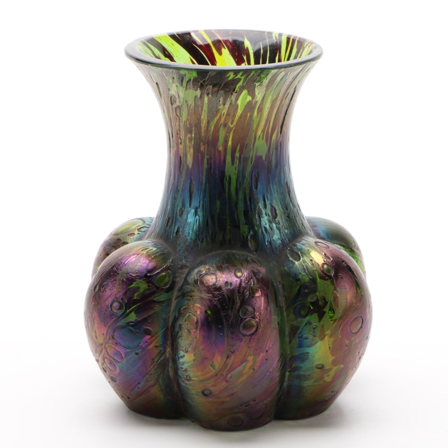Loetz Iridescent Art Glass Melon Form Bud Vase, Late 19th/Early 20th Century