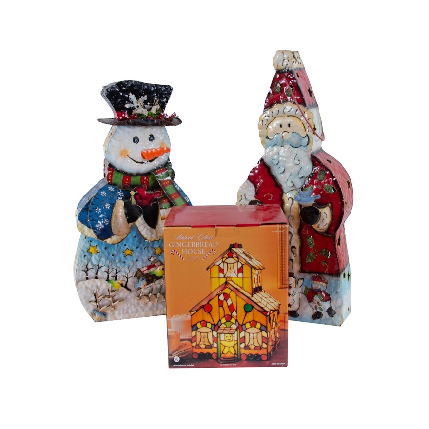 Metal Snowman and Santa Figurines with Stained Glass Ginger Bread House