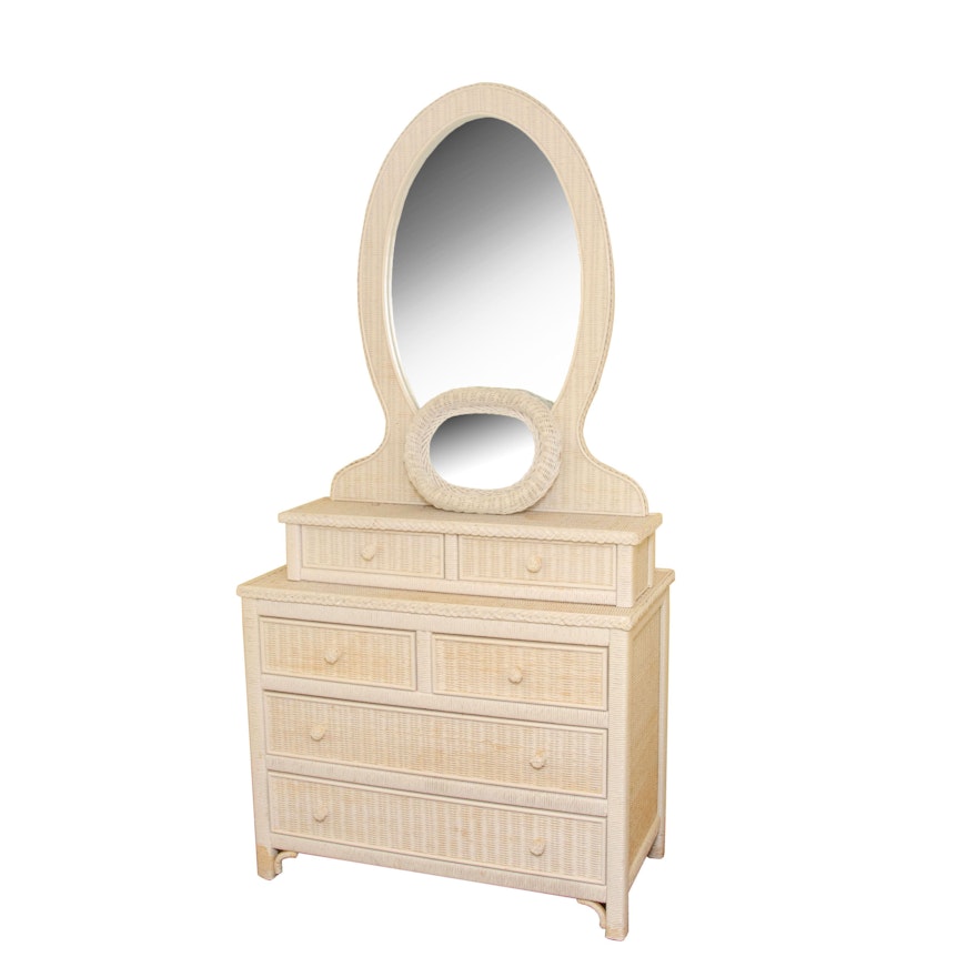 Wicker White Chest of Drawers with Mirror, Late 20th Century
