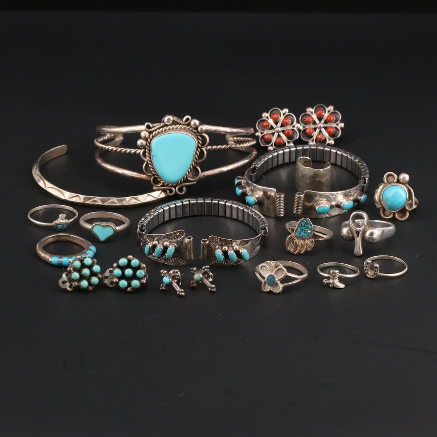 Assorted Sterling Jewelry Including Earring Clip-Ons and Expandable Watch Straps