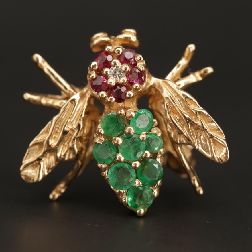 14K Yellow Gold Diamond, Ruby and Emerald Bumble Bee Brooch