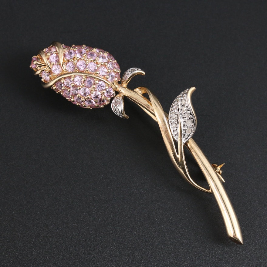10K Yellow Gold Pink Sapphire and Diamond Rose Brooch