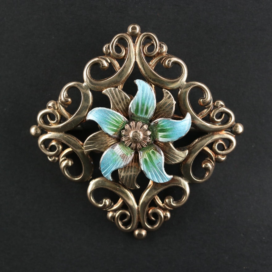 1940s W.E. Richard Co. Symmetralic Sterling and 14K Enamel Floral Brooch