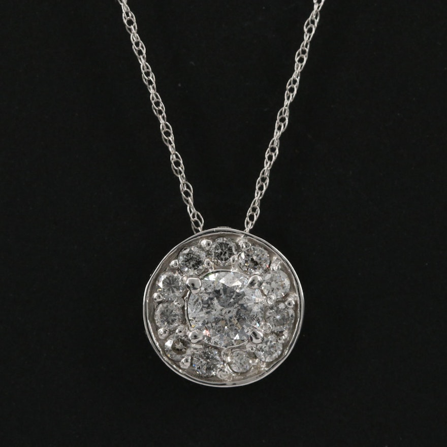 14K White Gold Diamond Cluster Button Pendant Necklace