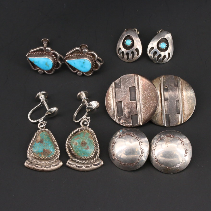 Southwestern Style Bear Paw 800 Silver and Sterling Silver Turquoise Earrings