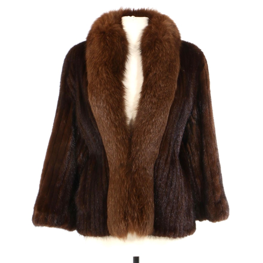 Corded Mahogany Mink Fur Jacket with Fox Fur Trim, Vintage