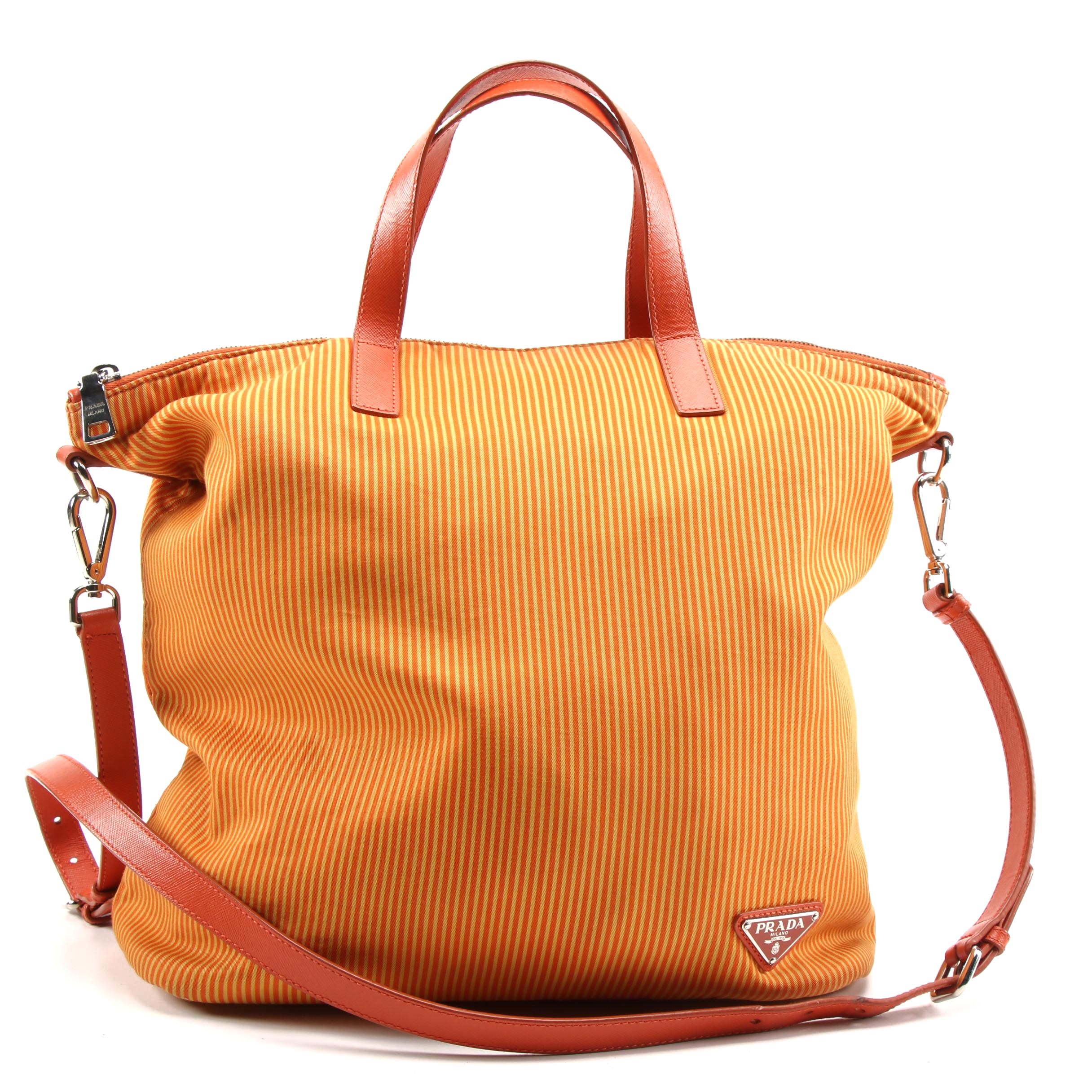 Prada Tessuto Stampato Tote Sac in Orange Striped Cotton and Saffiano Leather