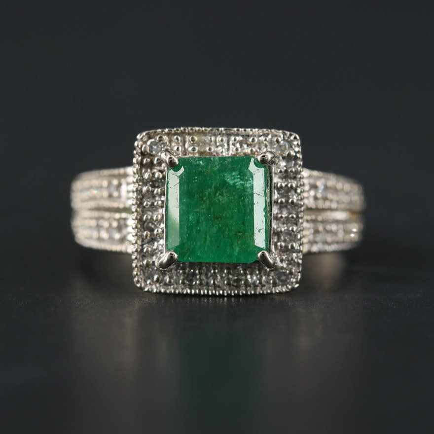 10K White Gold Emerald and Diamond Ring