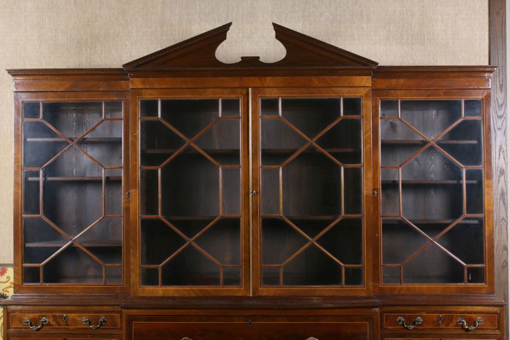 George III Style String-Inlaid Mahogany Secretaire Breakfront Bookcase, 19th C.