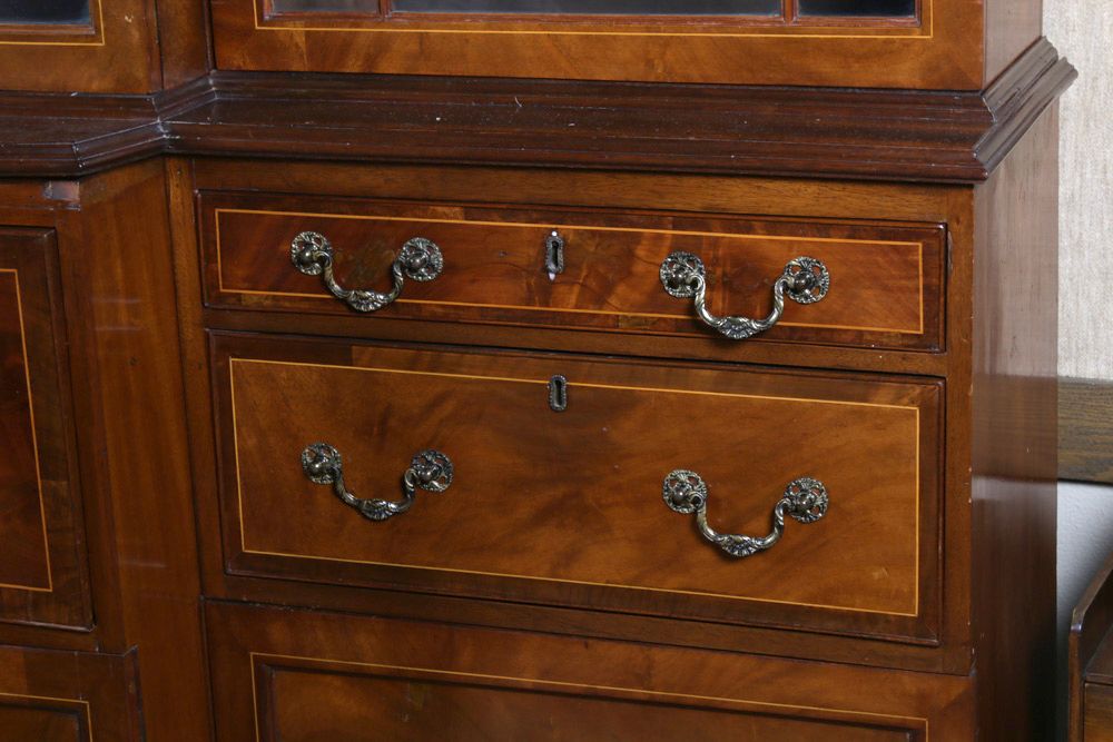 George III Style String-Inlaid Mahogany Secretaire Breakfront Bookcase, 19th C.