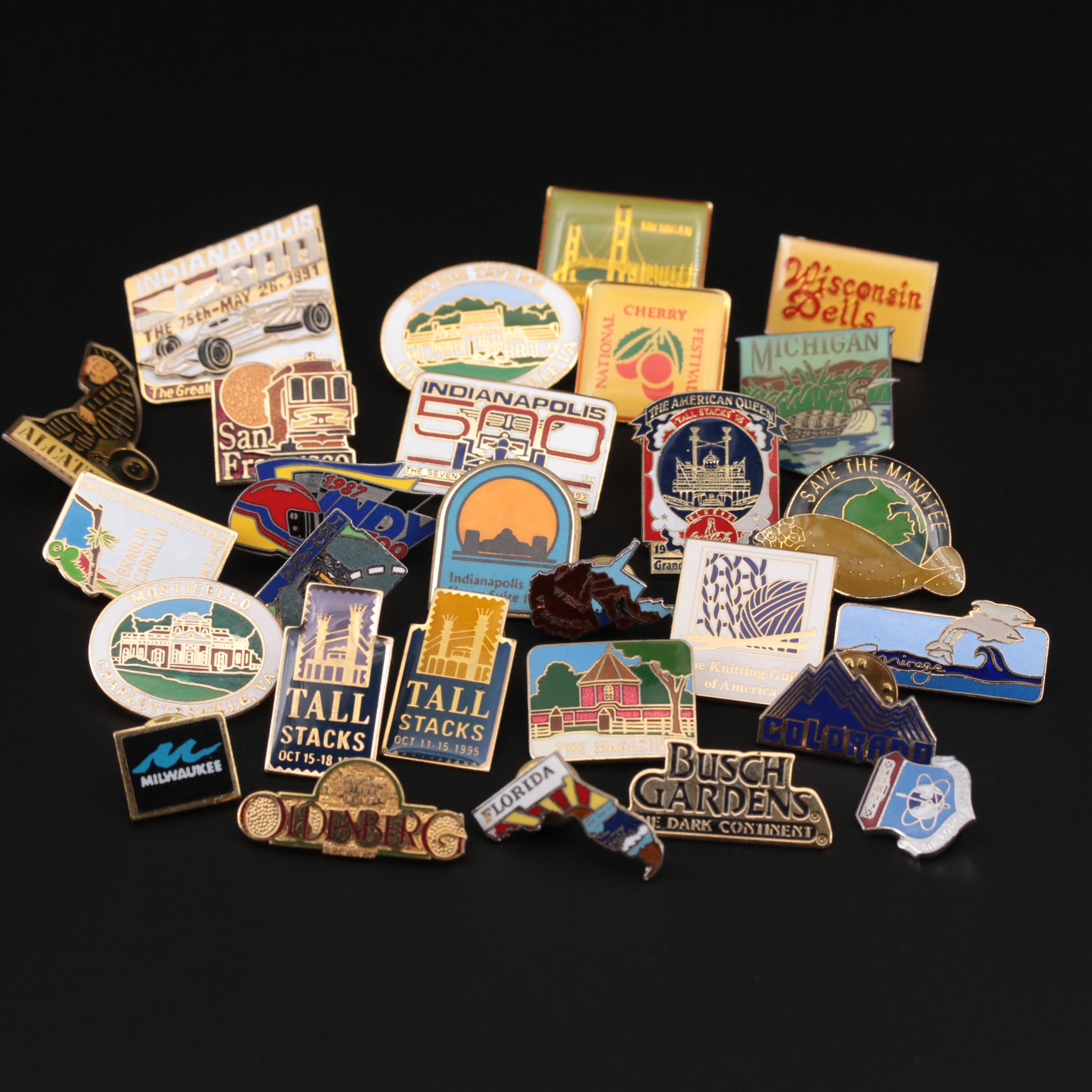 Assorted Travel Lapel Pins Including Indy 500, Michigan, and San Francisco