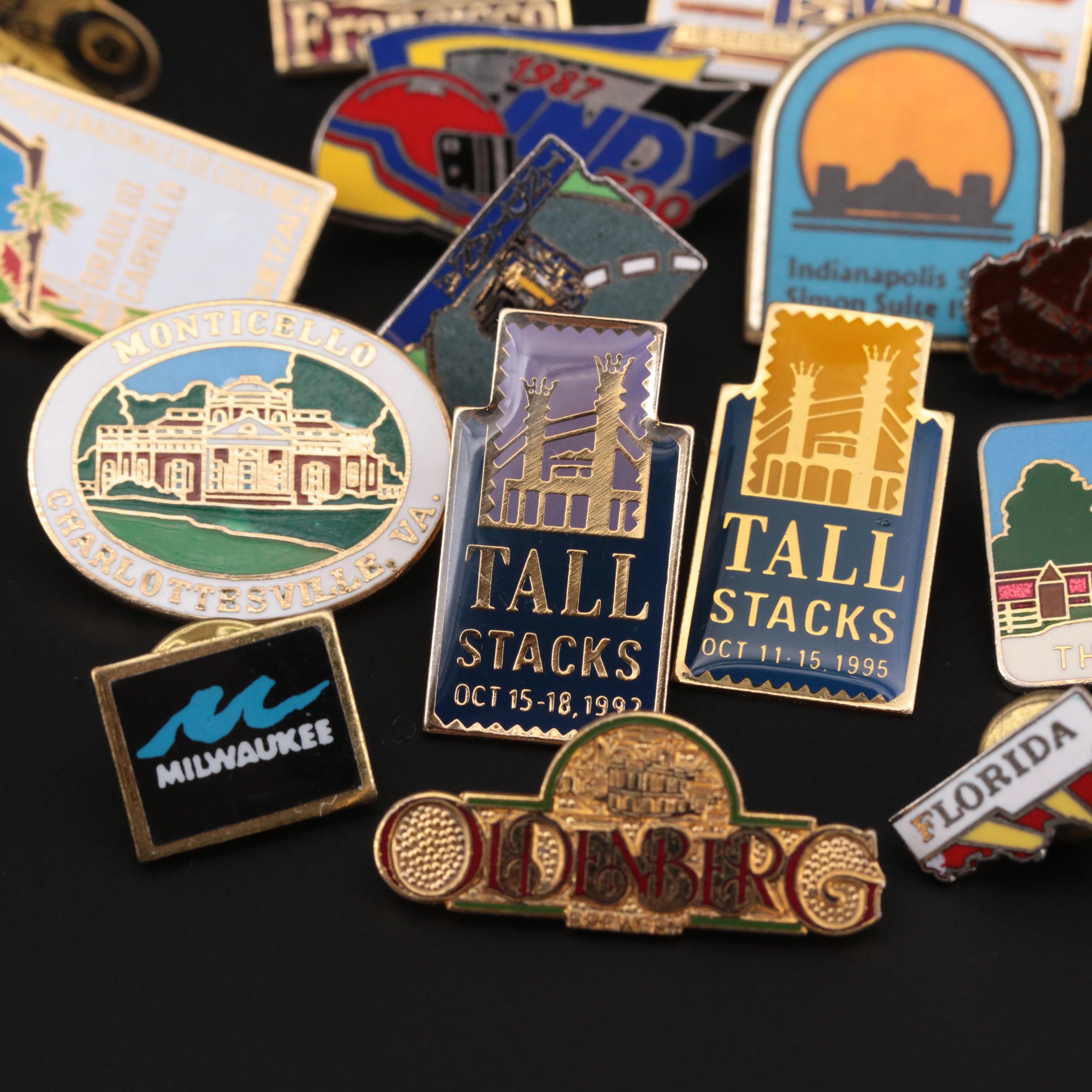 Assorted Travel Lapel Pins Including Indy 500, Michigan, and San Francisco
