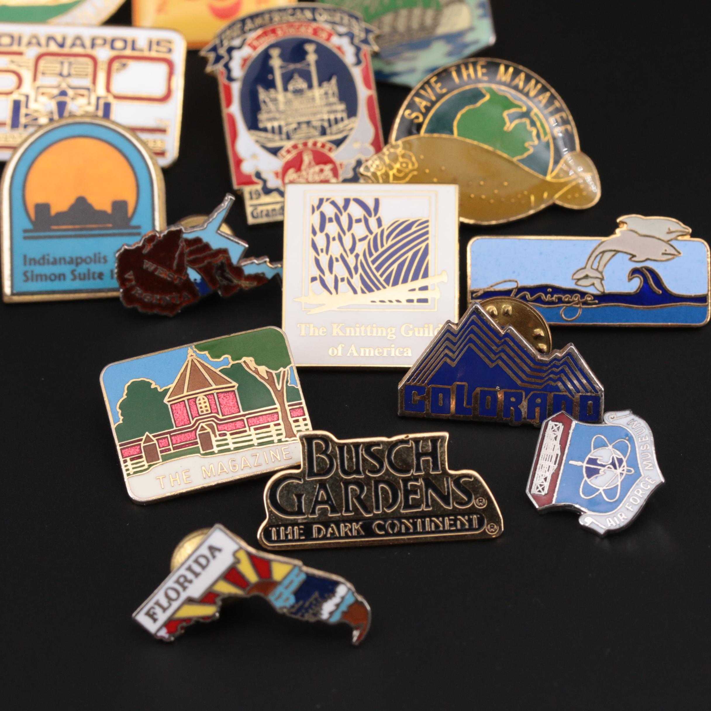 Assorted Travel Lapel Pins Including Indy 500, Michigan, and San Francisco