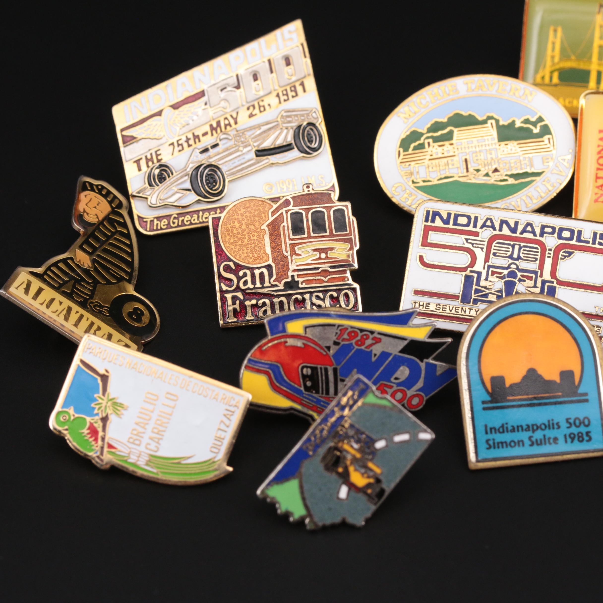 Assorted Travel Lapel Pins Including Indy 500, Michigan, and San Francisco