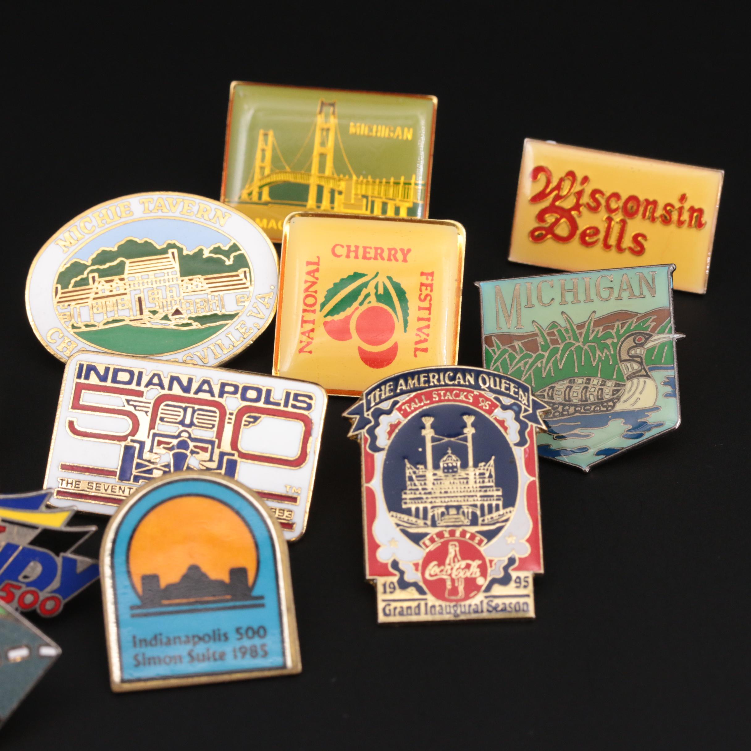 Assorted Travel Lapel Pins Including Indy 500, Michigan, and San Francisco