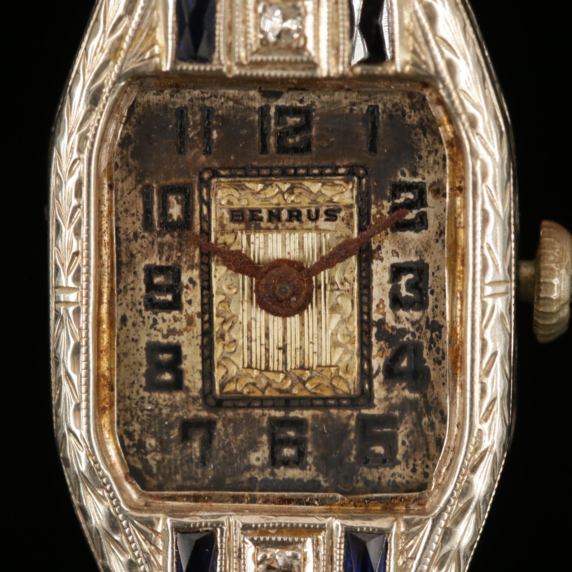 Vintage Benrus 14K White Gold Watch with Diamond and Synthetic Sapphire