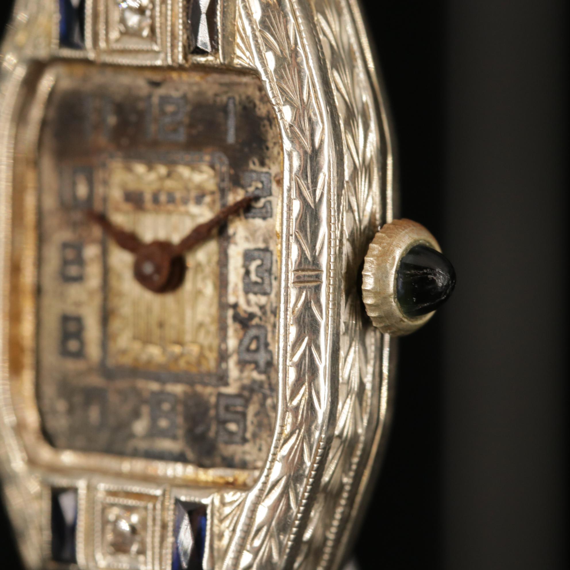 Vintage Benrus 14K White Gold Watch with Diamond and Synthetic Sapphire