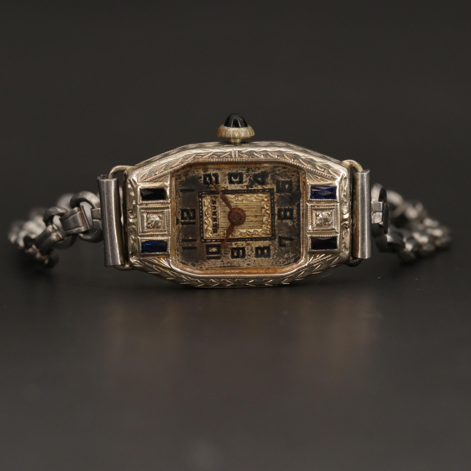 Vintage Benrus 14K White Gold Watch with Diamond and Synthetic Sapphire