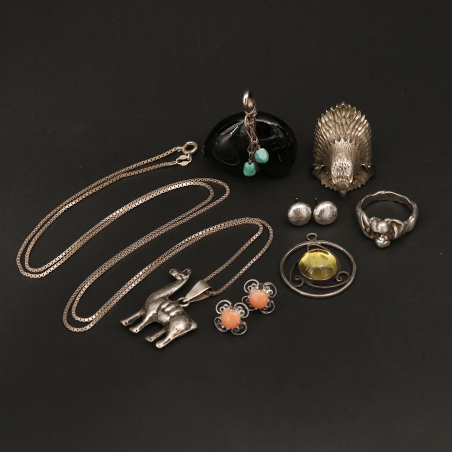 Assorted Sterling Silver Jewelry With Bear Pendant and Eagle Ring