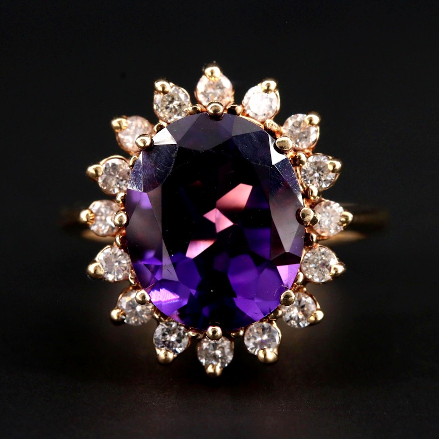 14K Yellow Gold Amethyst Ring with Diamond Halo