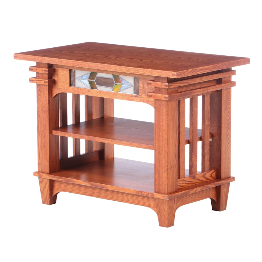 Mission Style Oak Side Table with Slag Glass Inlay, Late 20th Century