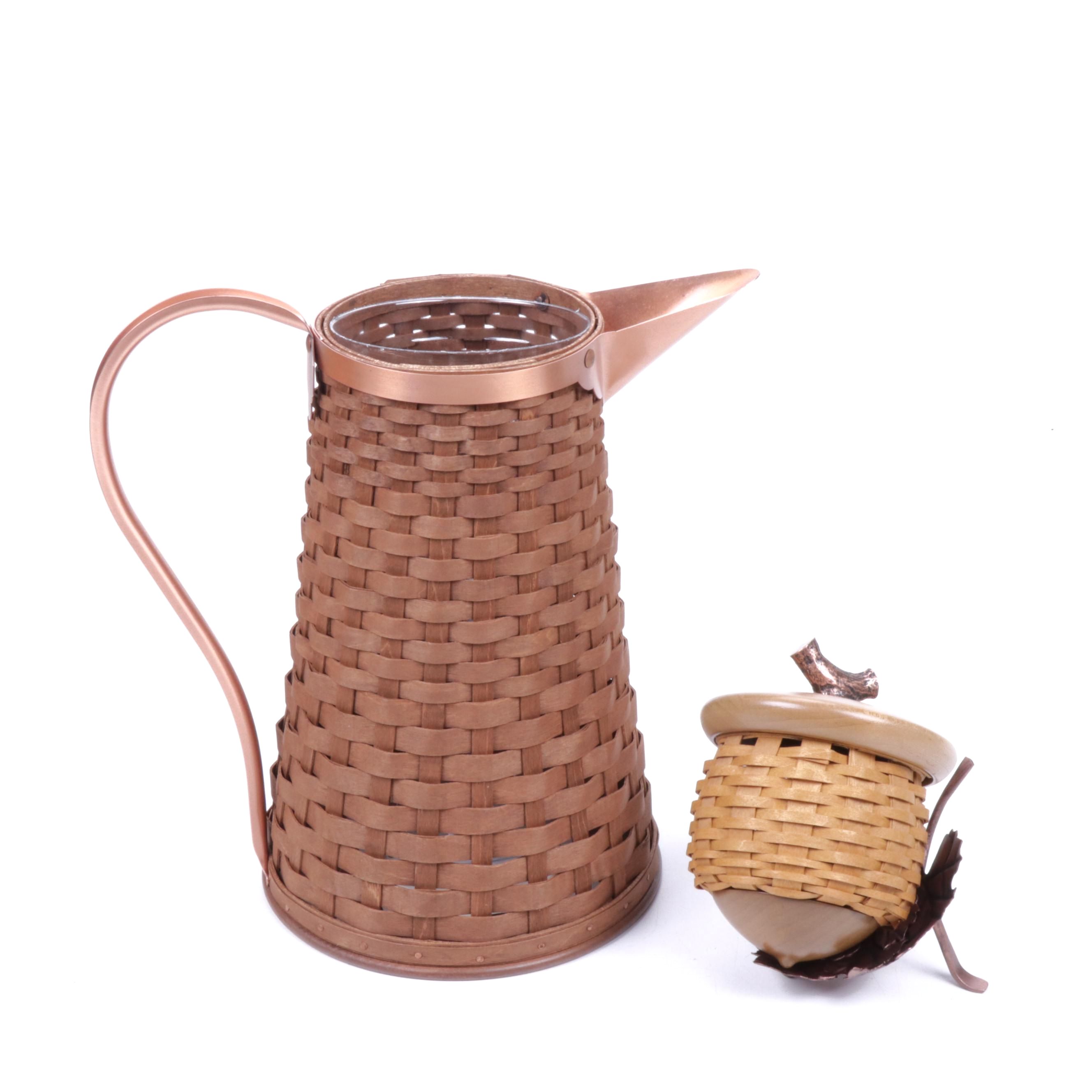 Longaberger Copper Accented Woven Basket Pitcher and Tilted Acorn