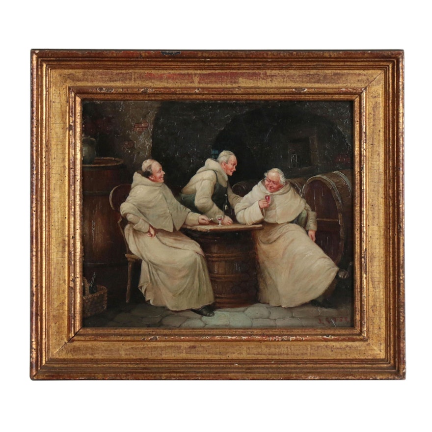 Genre Scene Oil Painting of Friars Imbibing, 19th Century