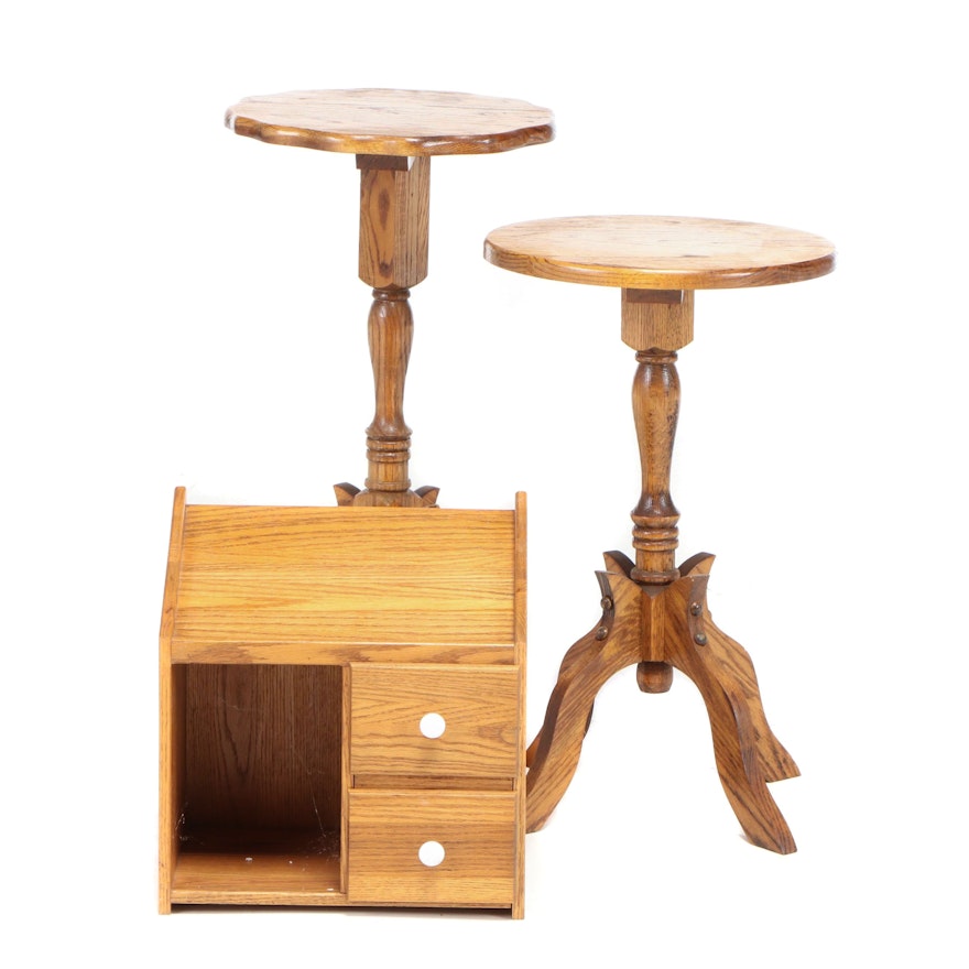 Oak Pedestal Plant Stands and Drawer Front Cabinet, Late 20th Century