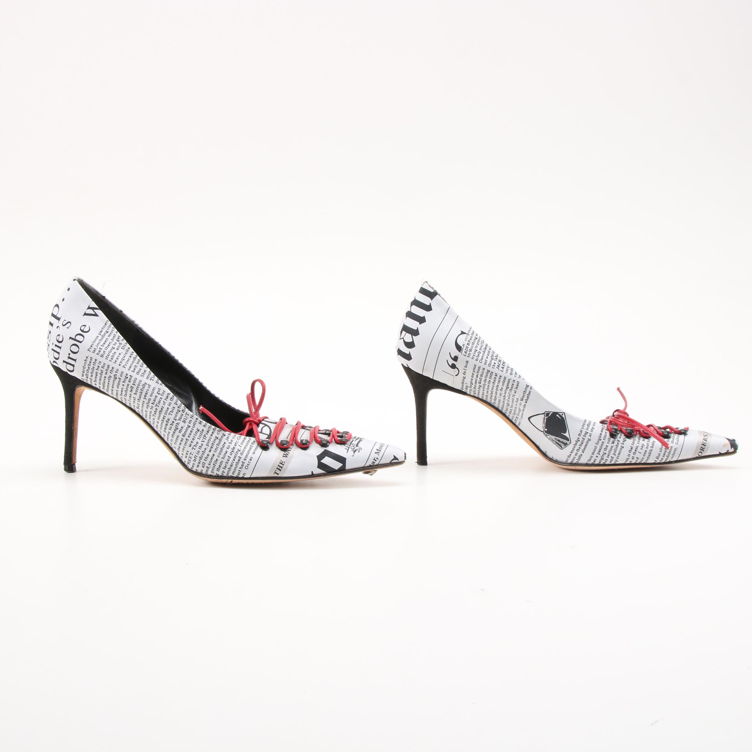 John Galliano Satin Newspaper Graphic Red Leather Escarpin Lacet High Heel Pumps