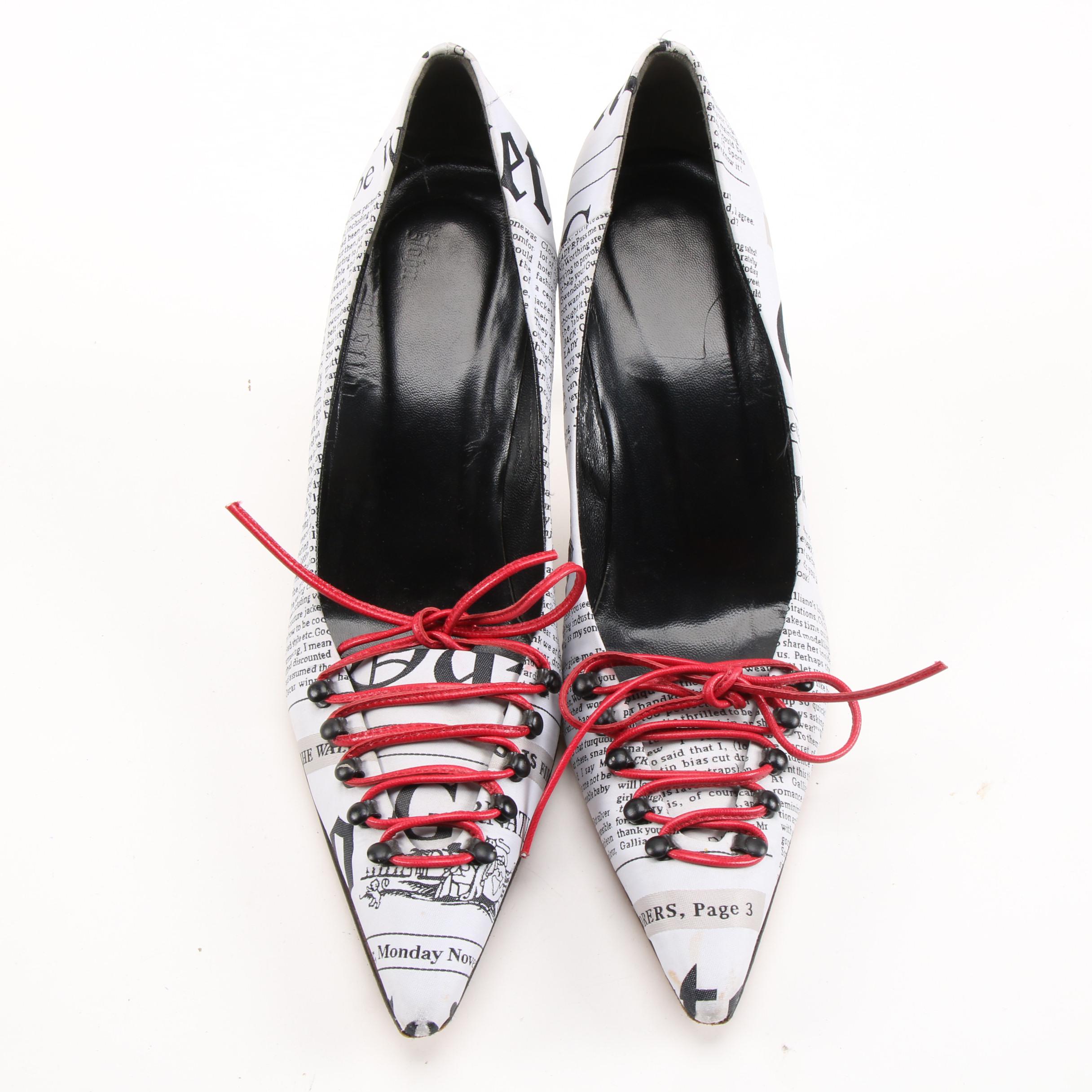 John Galliano Satin Newspaper Graphic Red Leather Escarpin Lacet High Heel Pumps