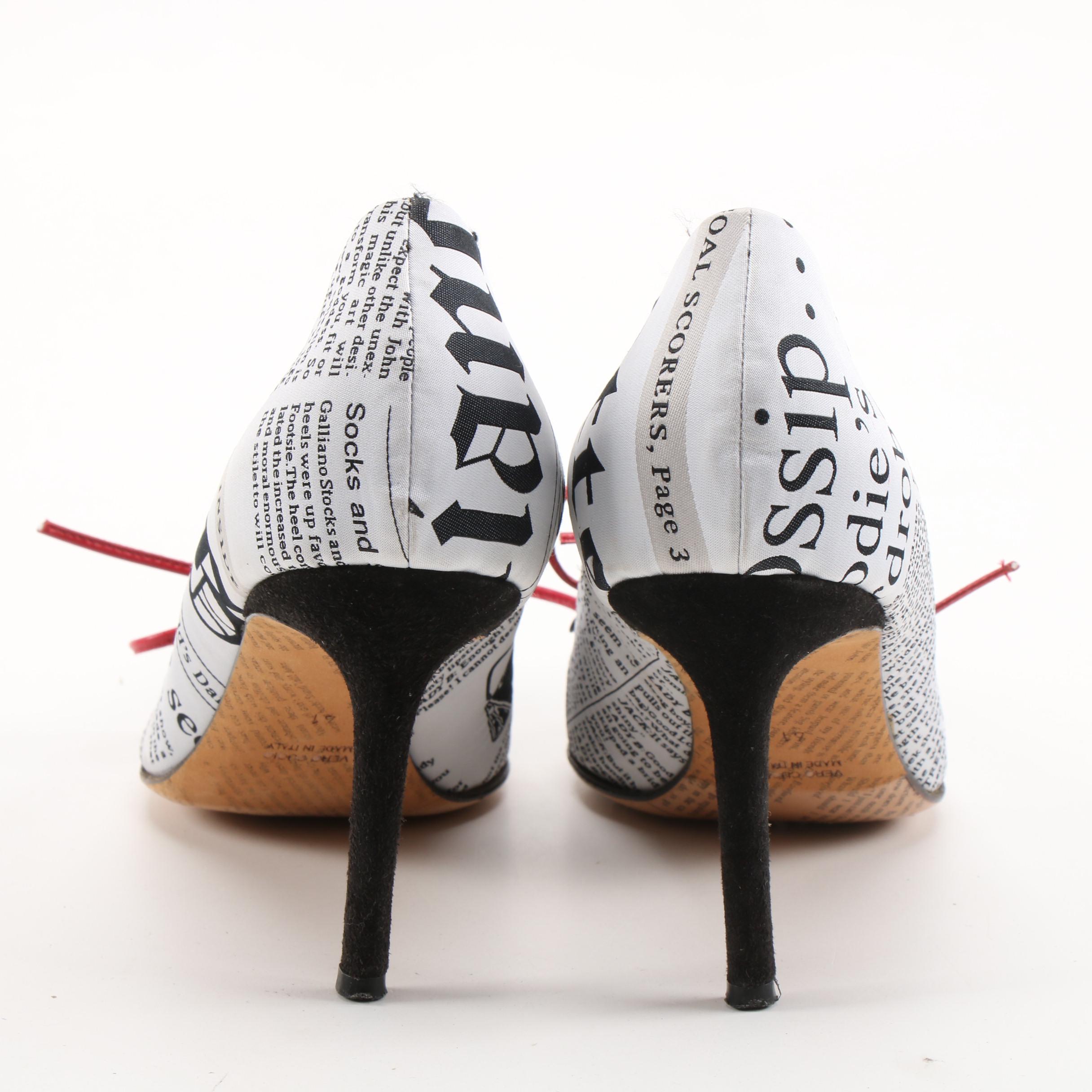 John Galliano Satin Newspaper Graphic Red Leather Escarpin Lacet High Heel Pumps
