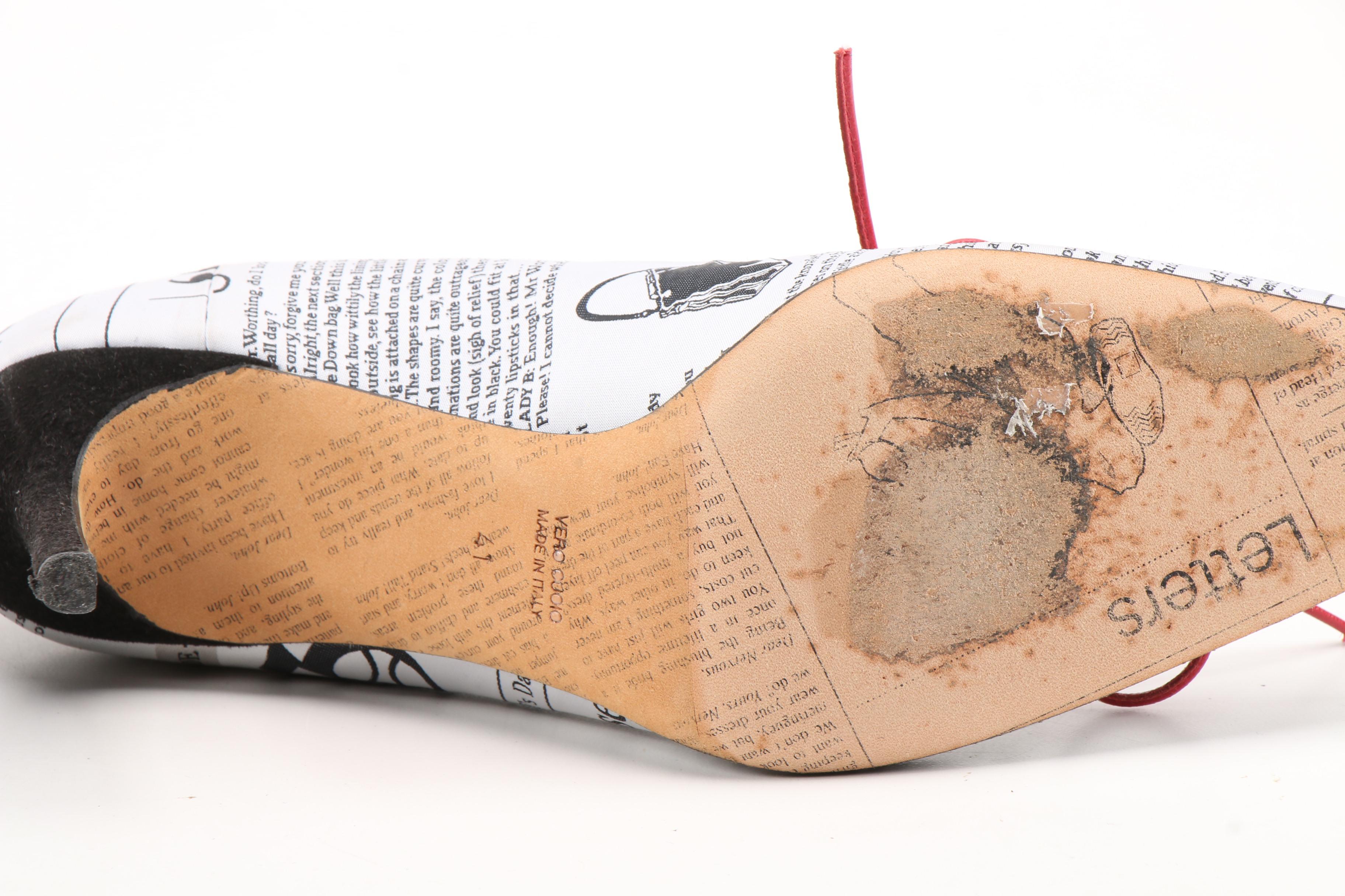 John Galliano Satin Newspaper Graphic Red Leather Escarpin Lacet High Heel Pumps