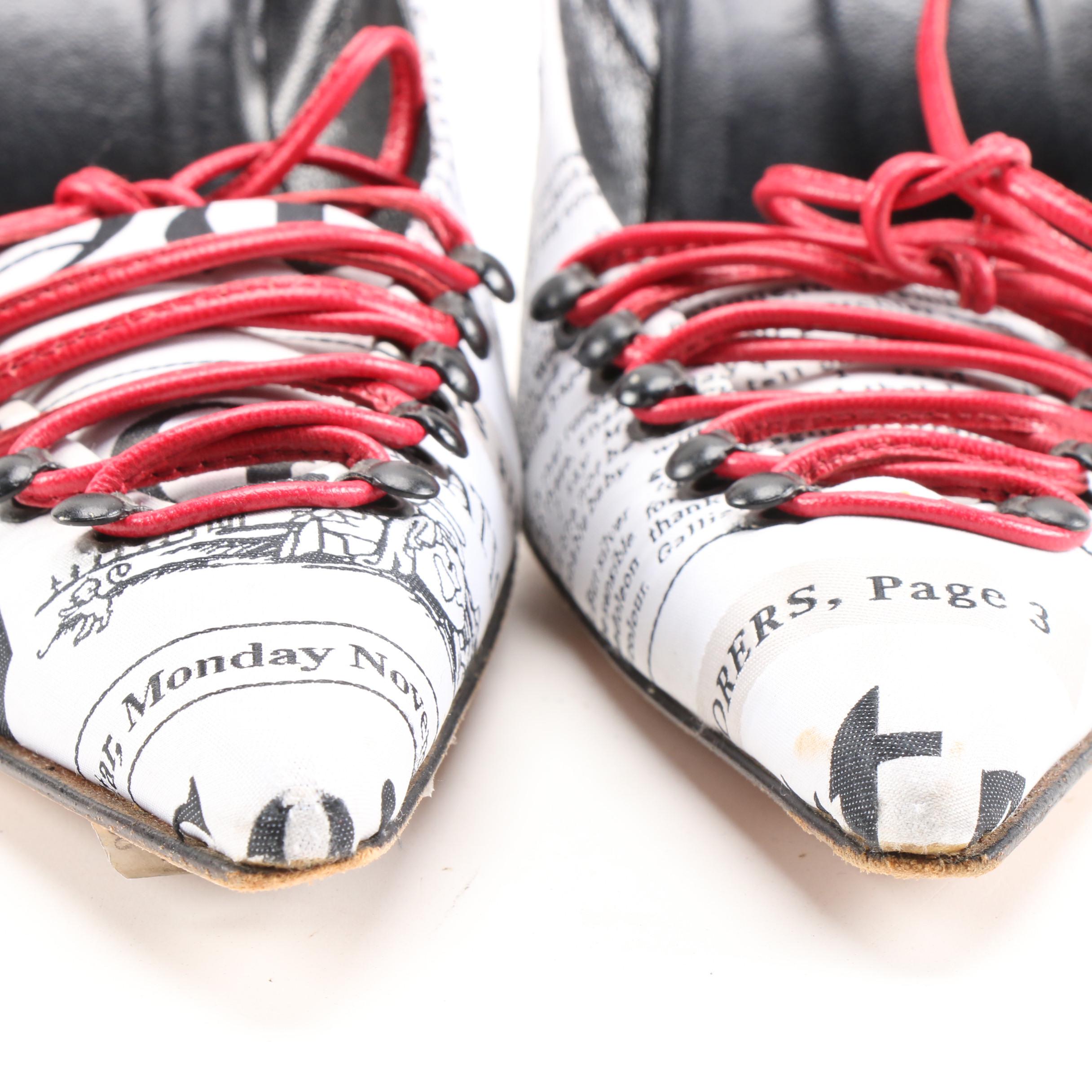 John Galliano Satin Newspaper Graphic Red Leather Escarpin Lacet High Heel Pumps