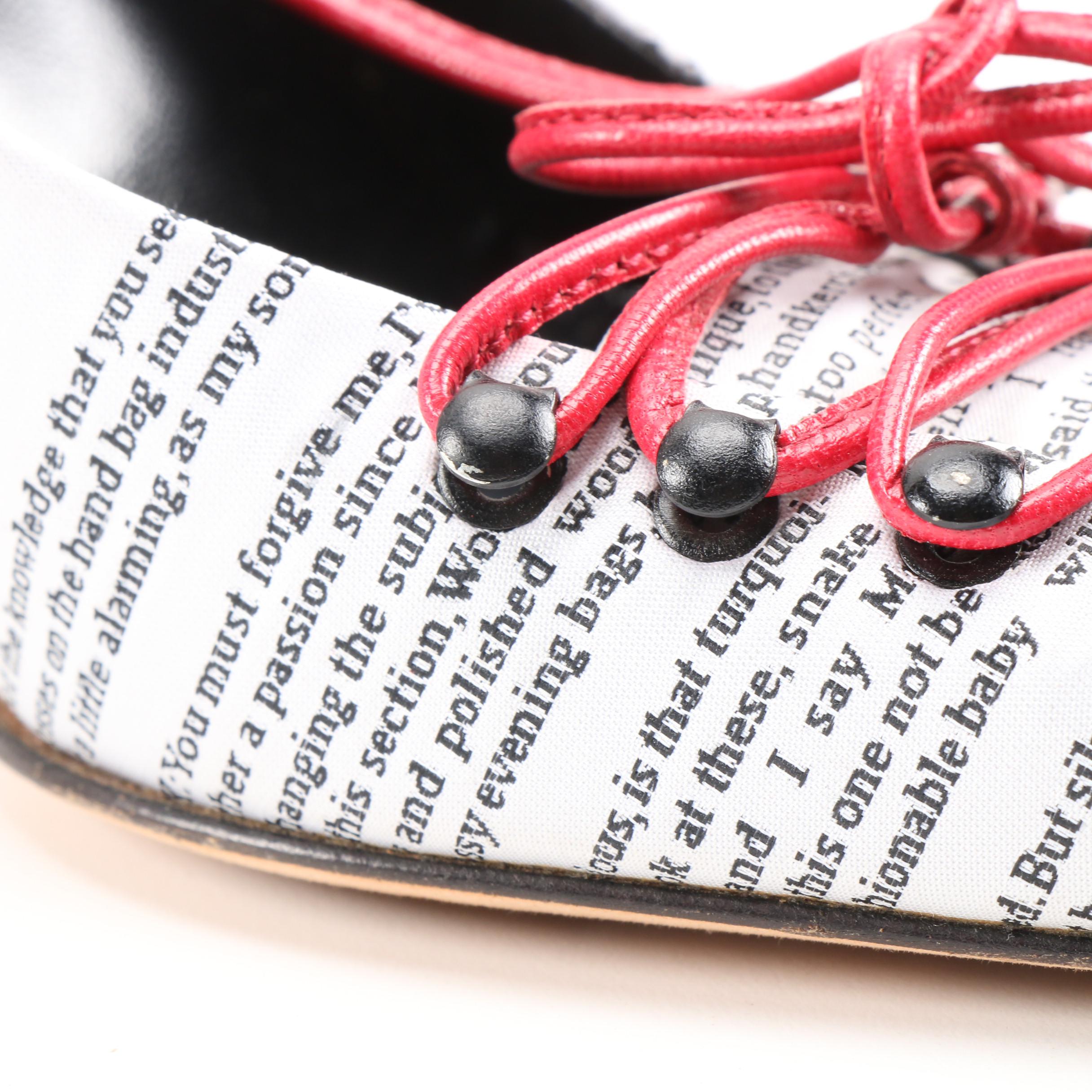 John Galliano Satin Newspaper Graphic Red Leather Escarpin Lacet High Heel Pumps